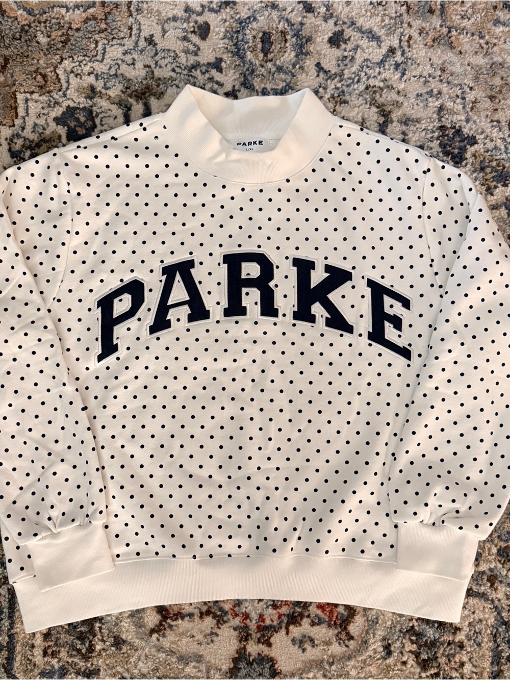 Parker White Polka Dot Crewneck Sweatshirt with Navy Logo